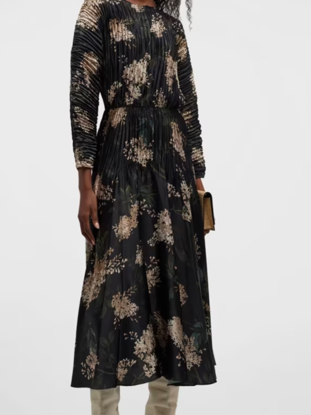 Vince Black Midi Dress with Beige Floral Print